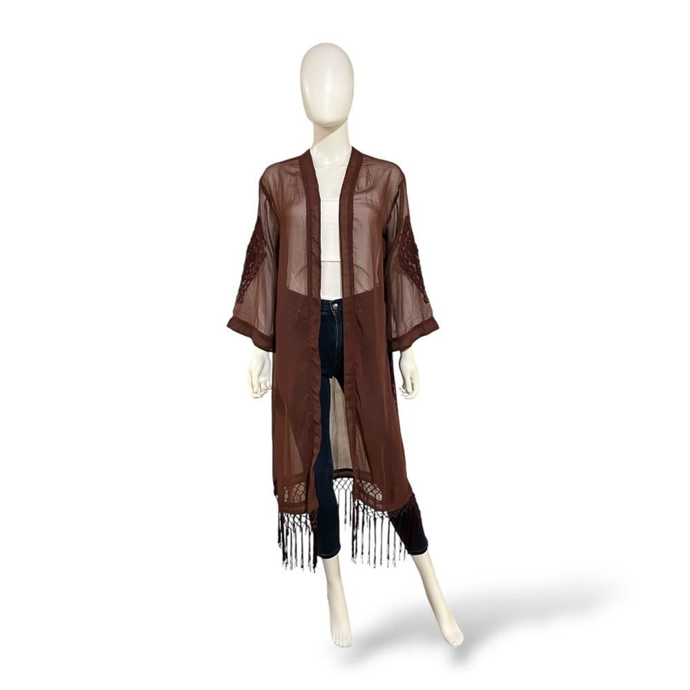 Willow & Clay Sheer Brown Kimono with Fringe, Small
